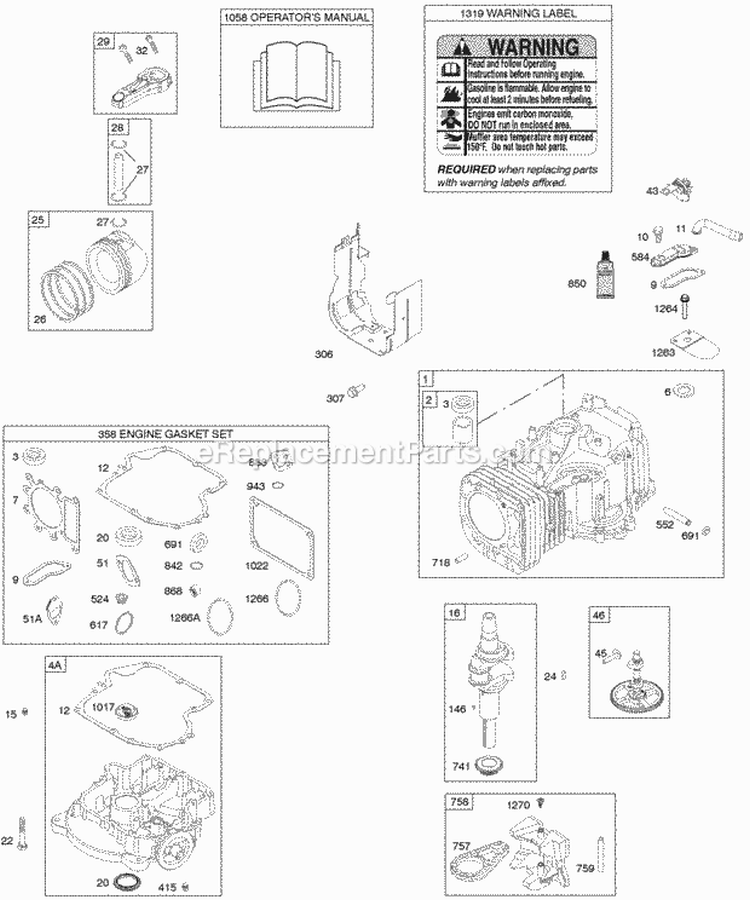 Camshaft Crankshaft Cylinder Engine Sump Gasket Set - Engine OperatorS Manual Piston Rings Connecting Rod Warning Label Diagram and Parts List for  Briggs and Stratton Engine
